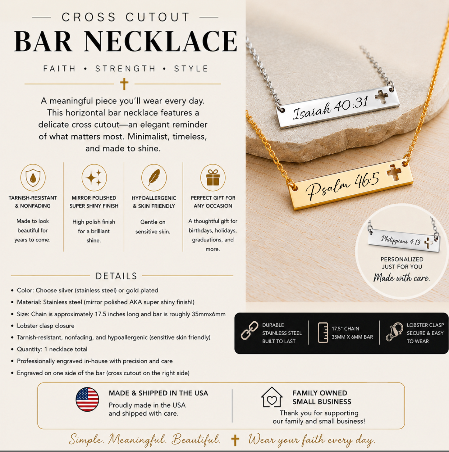Personalized Cross Cutout Bar Necklace Engraved Christian Jewelry
