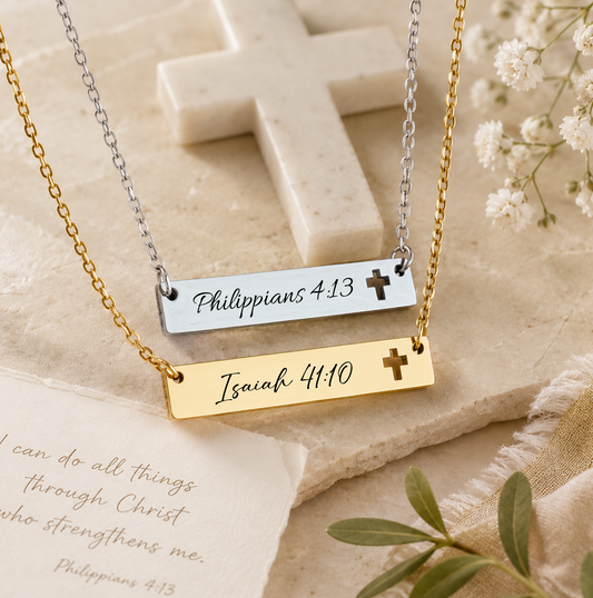 Personalized Cross Cutout Bar Necklace Engraved Christian Jewelry
