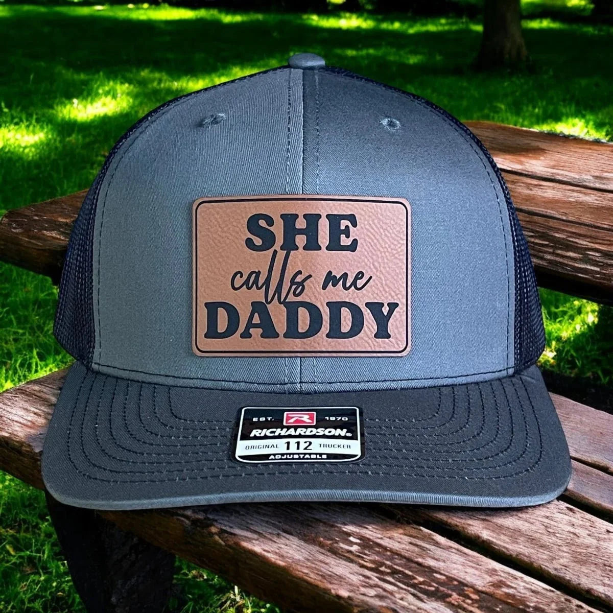 She Calls Me Daddy Funny Leather Patch Hat Charcoal/Black Patch Hat