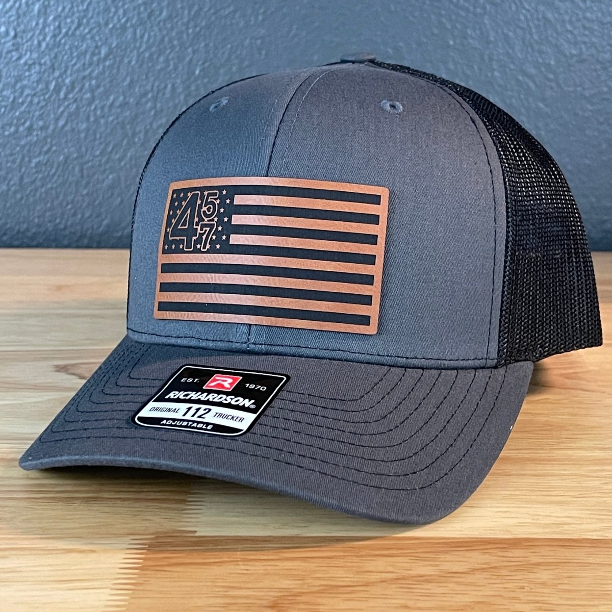 45 47 Inauguration American Flag Patriotic SnapBack Trucker Rawhide Leather Patch Hat Charcoal Patch Hat