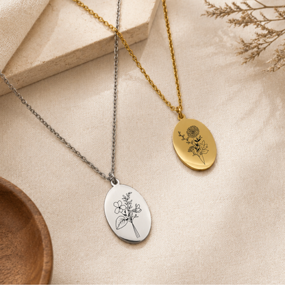 Custom Birth Month Flower Necklace | Engraved Oval Pendant