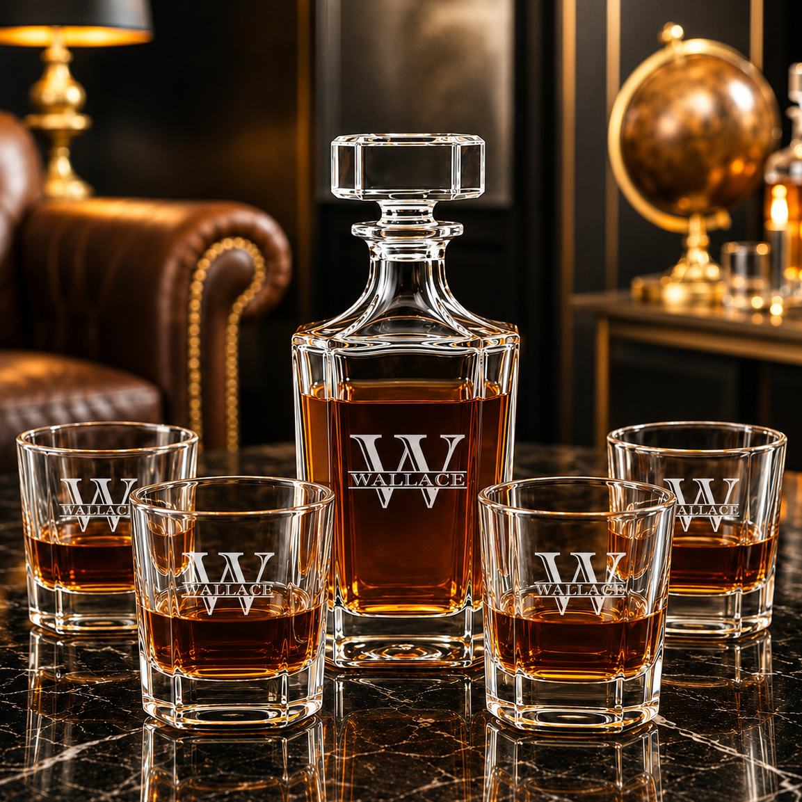 Personalized Etched Monogram Whiskey Decanter Set with 4 Rocks Glasses