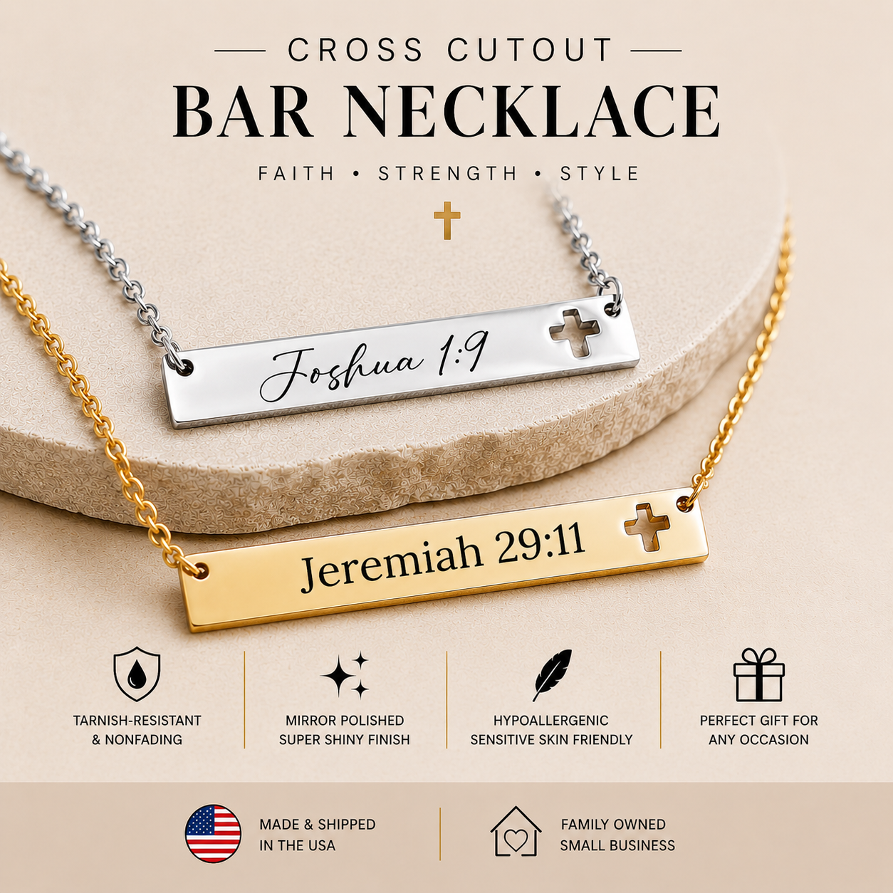 Personalized Cross Cutout Bar Necklace Engraved Christian Jewelry