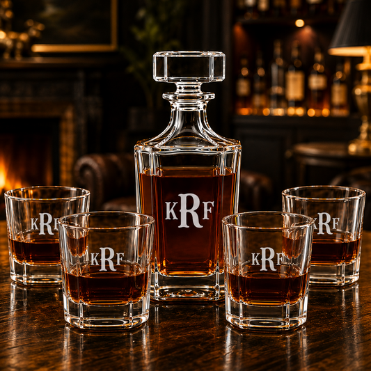Personalized Etched Monogram Whiskey Decanter Set with 4 Rocks Glasses