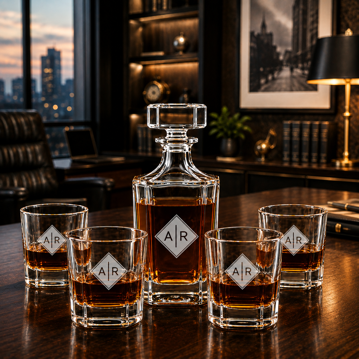 Personalized Engraved Monogram Whiskey Decanter Set with 4 Rocks Glasses