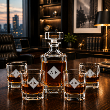 Personalized Engraved Monogram Whiskey Decanter Set with 4 Rocks Glasses