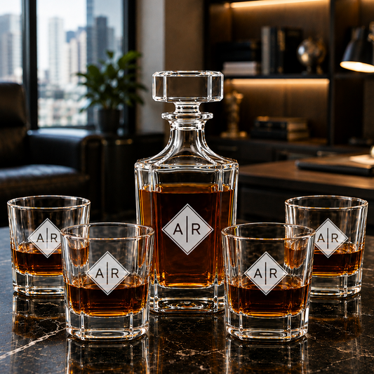 Personalized Engraved Monogram Whiskey Decanter Set with 4 Rocks Glasses
