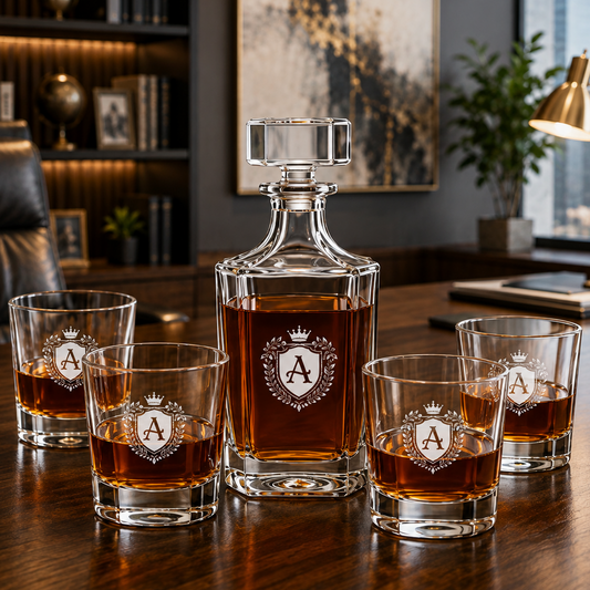 Personalized Etched Whiskey Decanter Set with 4 Rocks Glasses
