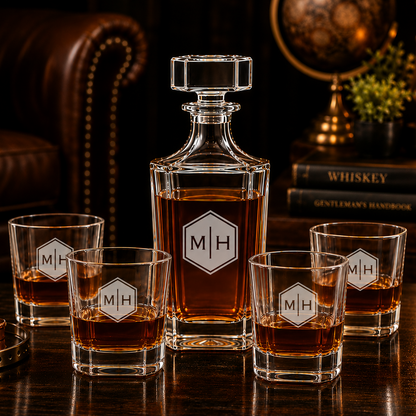 Personalized Etched Wedding Monogram Whiskey Decanter Set with 4 Rocks Glasses