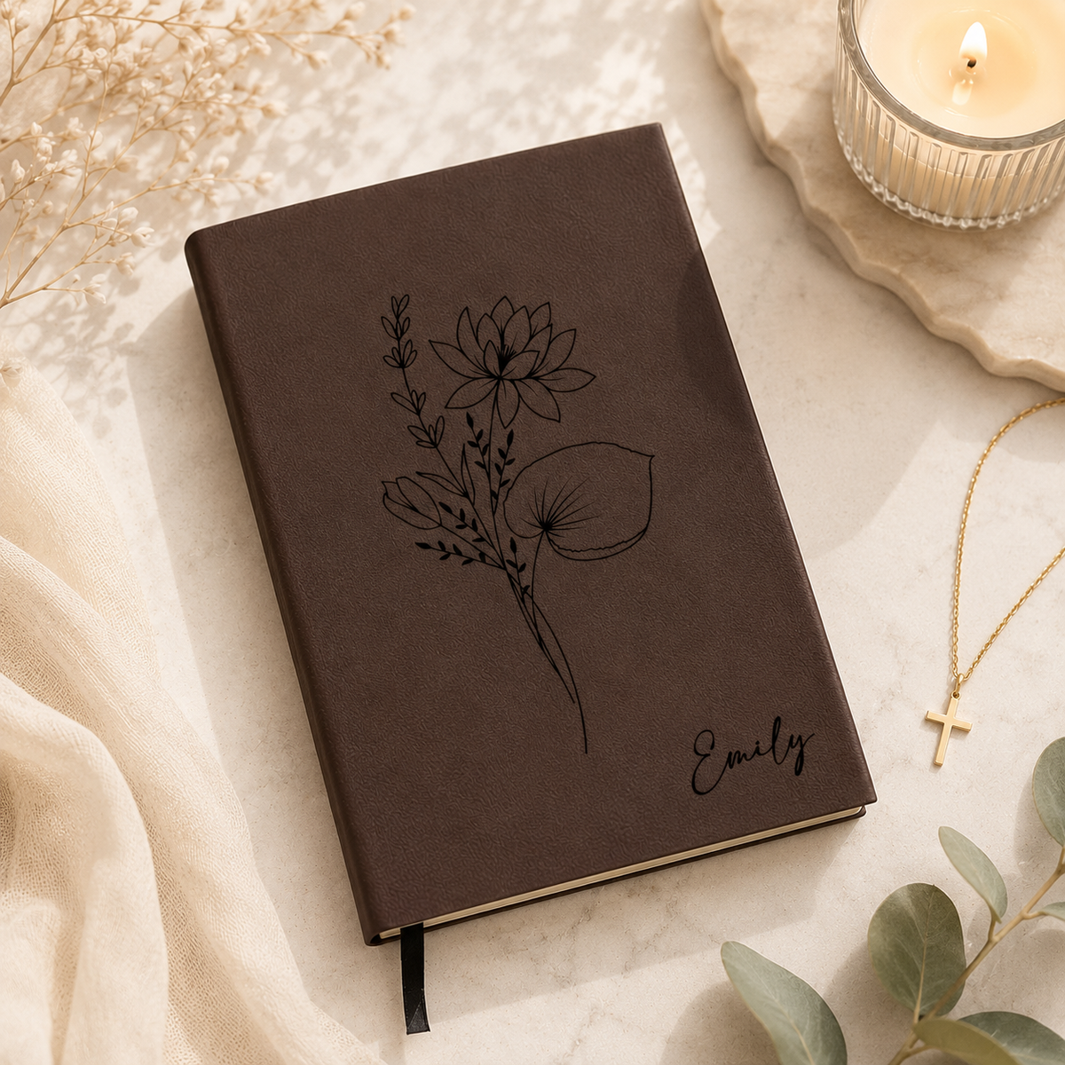Birth Month Flower Personalized Engraved Leather Journal