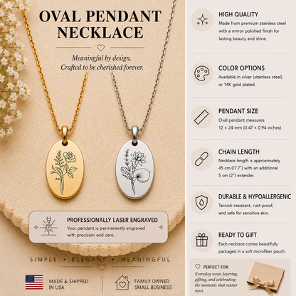Custom Birth Month Flower Necklace | Engraved Oval Pendant