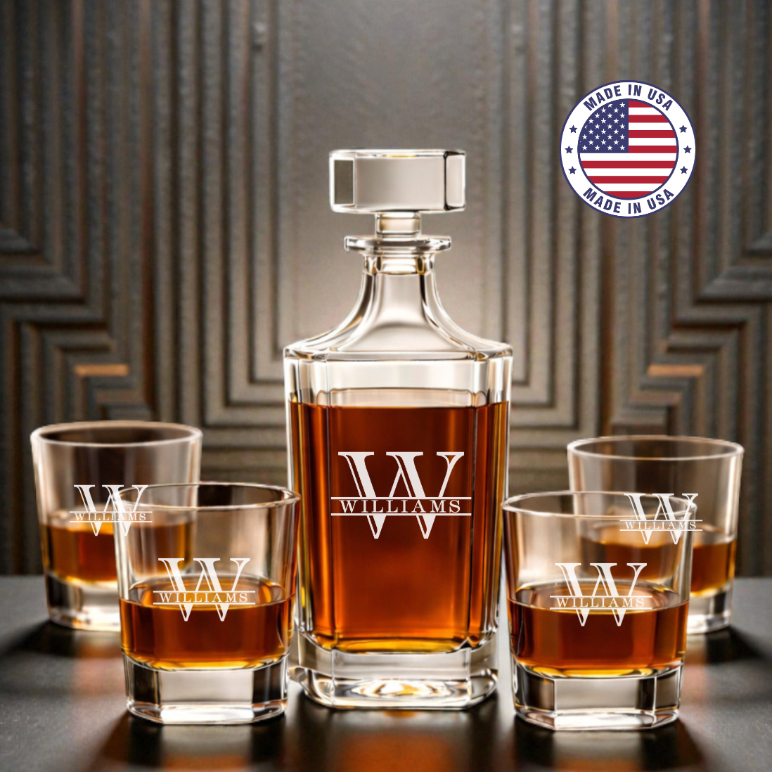 Personalized Etched Monogram Whiskey Decanter Set with 4 Rocks Glasses