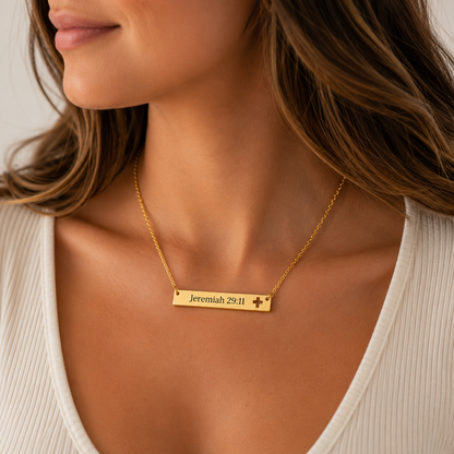 Personalized Cross Cutout Bar Necklace Engraved Christian Jewelry