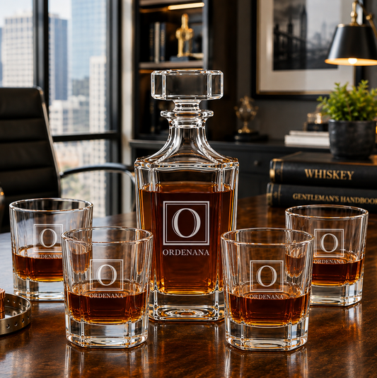 Personalized Etched Monogram Whiskey Decanter Set with 4 Rocks Glasses