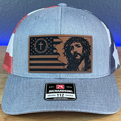 God and Country Jesus American Flag Christian Leather Patch SnapBack Trucker Hat Stars & Stripes