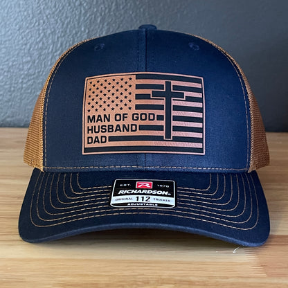 American Flag Man Of God Cross Christian SnapBack Trucker Hat Leather Patch