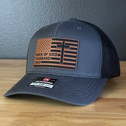 American Flag Man Of God Cross Christian SnapBack Trucker Hat Leather Patch