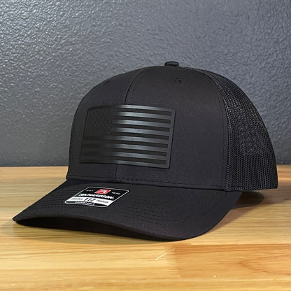 BLACK ON BLACK AMERICAN FLAG Patriotic Leather Patch Hat Black