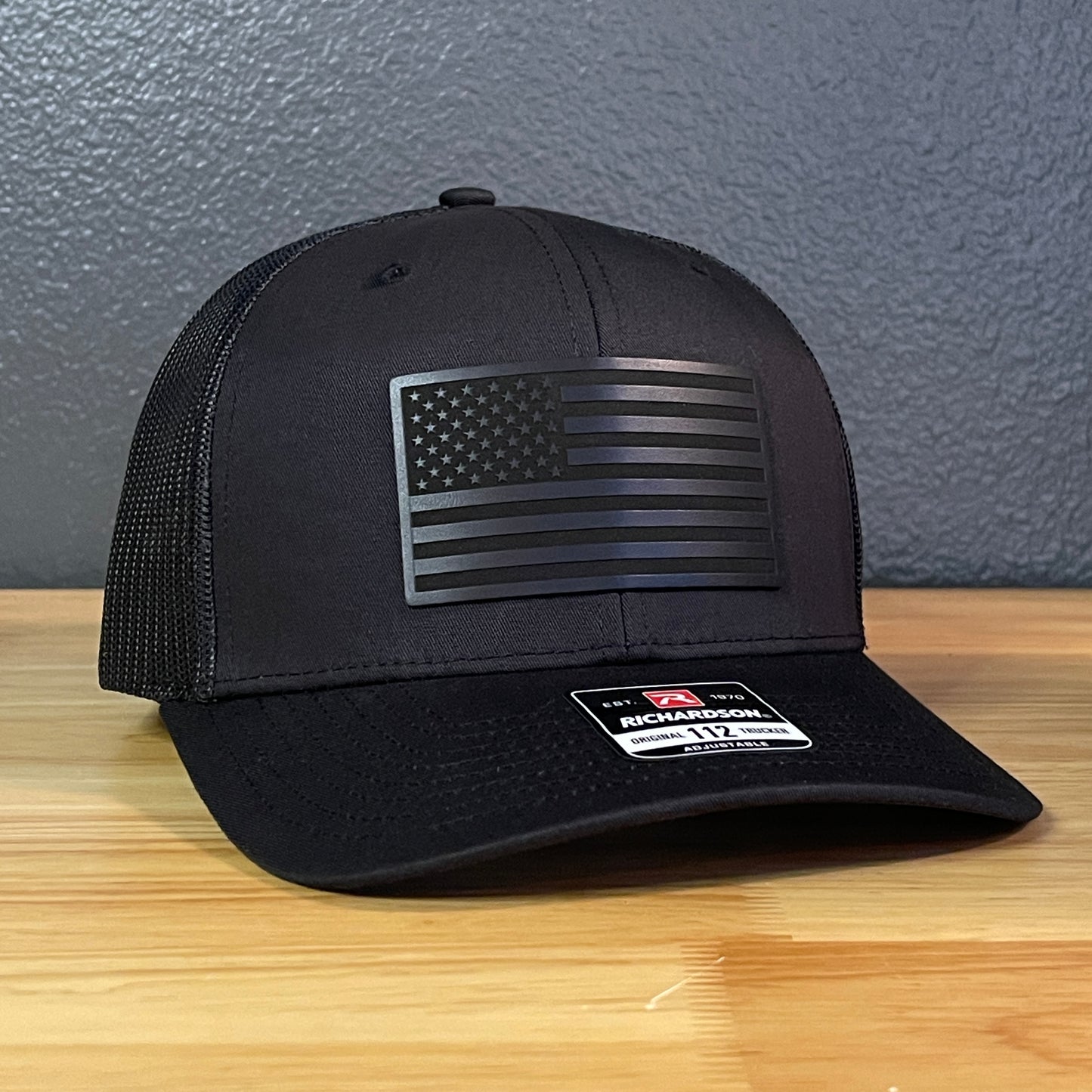 BLACK ON BLACK AMERICAN FLAG Patriotic Leather Patch Hat Black