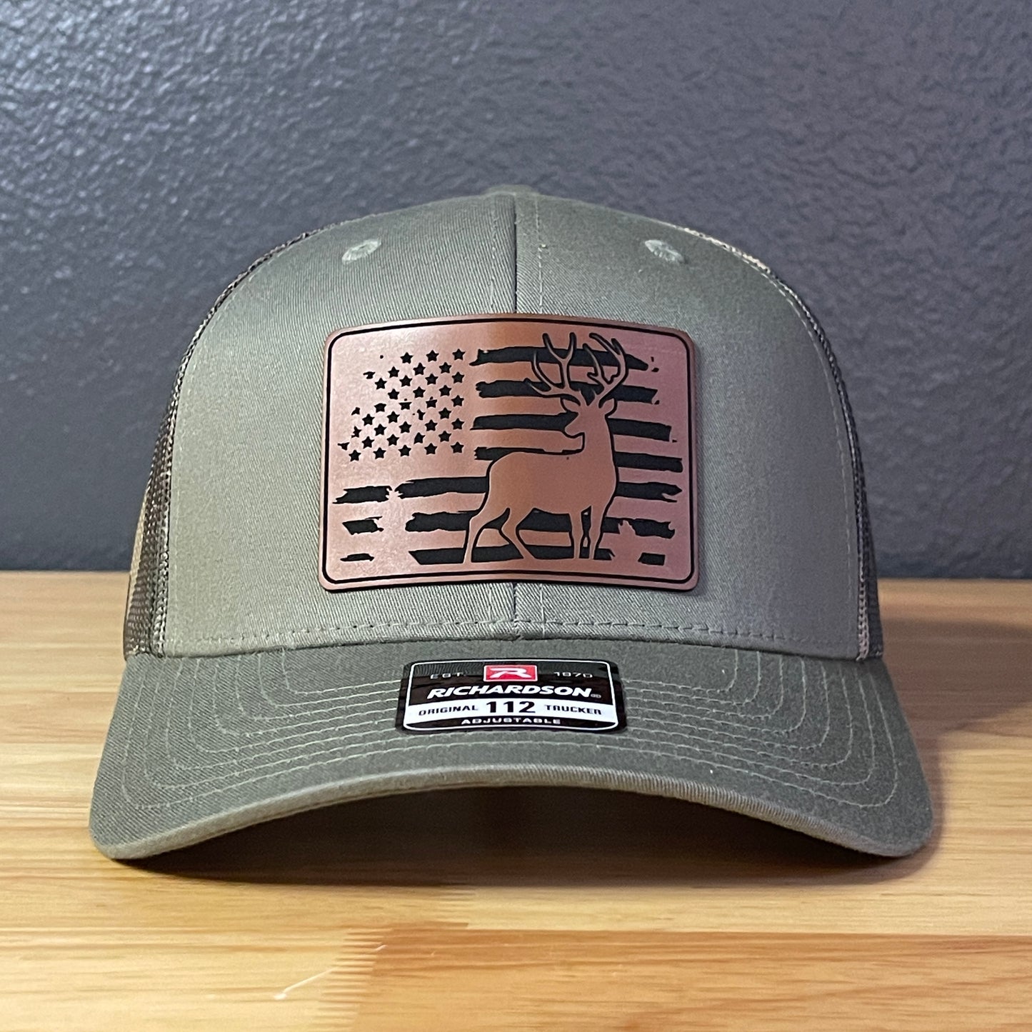 Fishing Duck Hunting American Flag Patriotic Leather Patch Hat Green/Camo