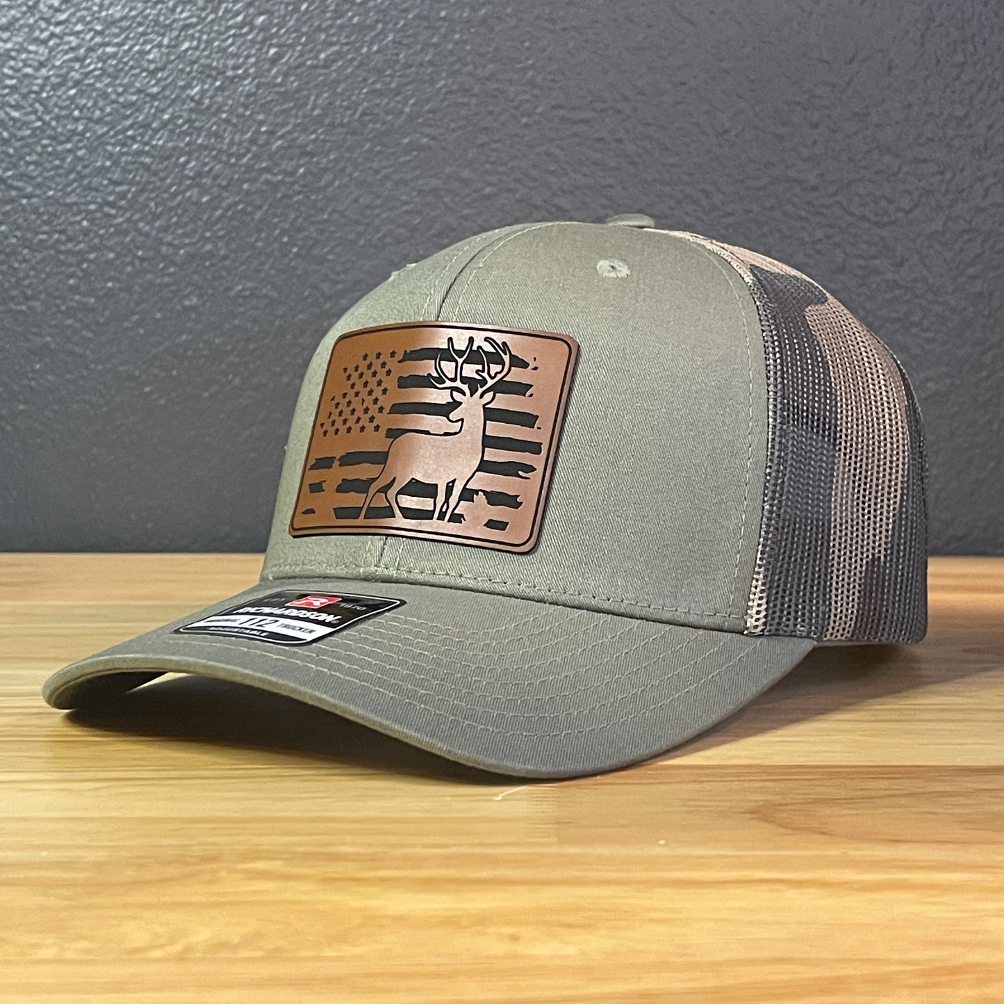 Fishing Duck Hunting American Flag Patriotic Leather Patch Hat Green/Camo