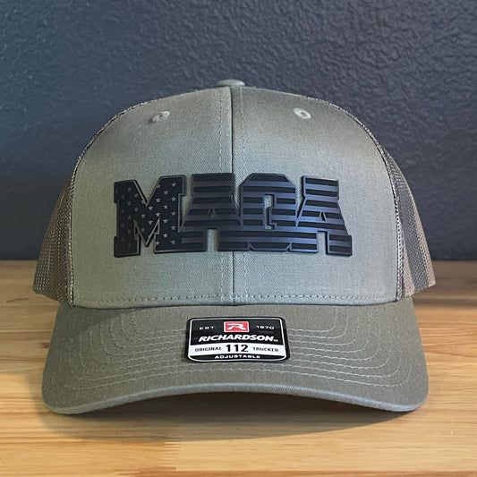 Black MAGA American Flag Patriotic Leather Patch SnapBack Trucker Hat Green/Camo