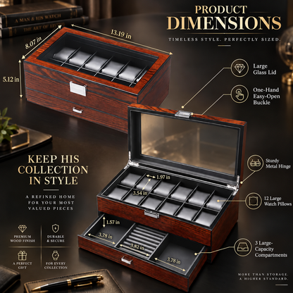 Personalized Wooden Watch Box with Glass Lid & Jewelry Drawer