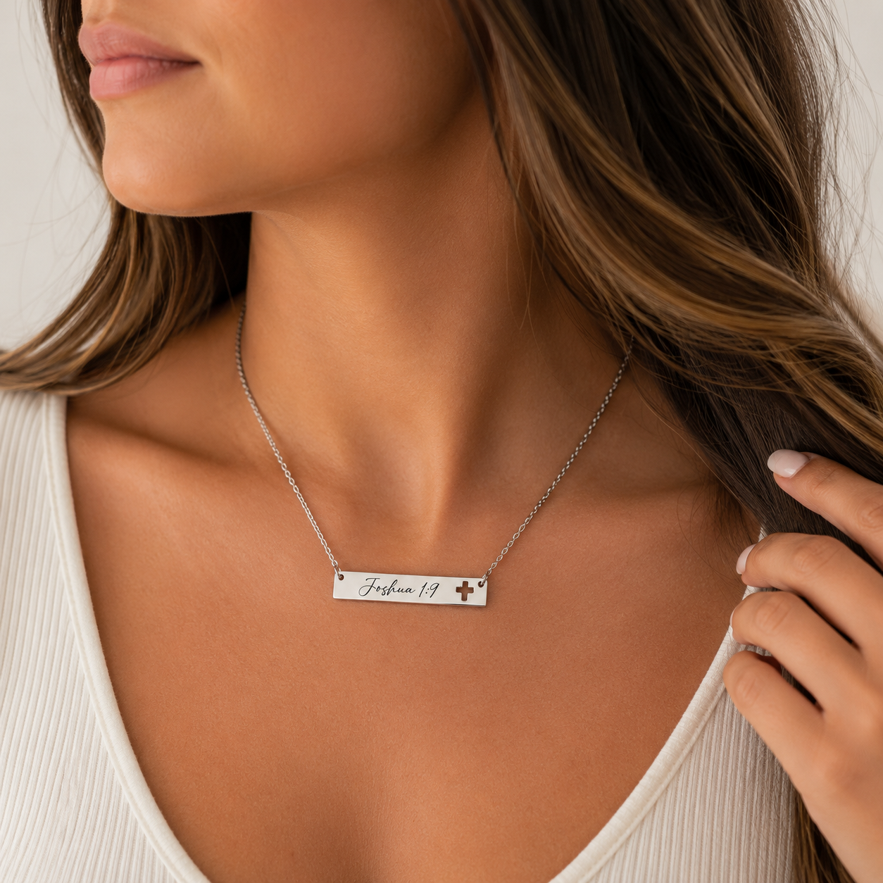 Personalized Cross Cutout Bar Necklace Engraved Christian Jewelry