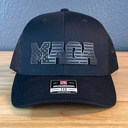 Black MAGA American Flag Patriotic Leather Patch SnapBack Trucker Hat Patch Hat