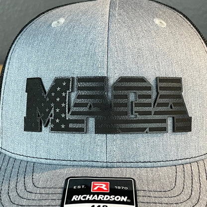 Black MAGA American Flag Patriotic Leather Patch SnapBack Trucker Hat Patch Hat