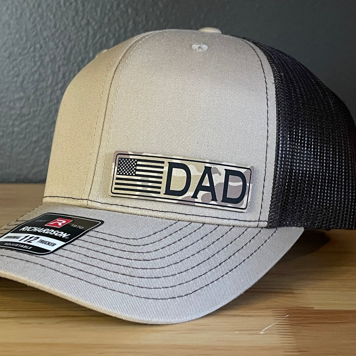 DAD American Flag Duck Camo Patriotic Side Leather Patch Hat Khaki/Brown Patch Hat