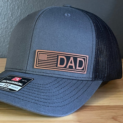 DAD American Flag Patriotic Side Leather Patch Hat Charcoal/Black Patch Hat