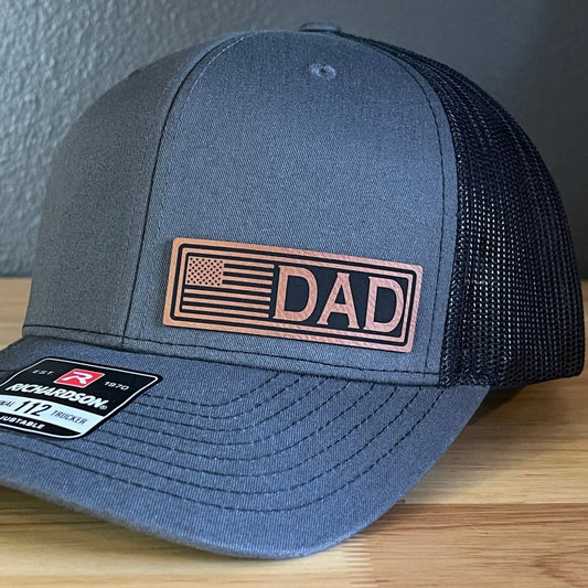DAD American Flag Patriotic Side Leather Patch Hat Charcoal/Black Patch Hat