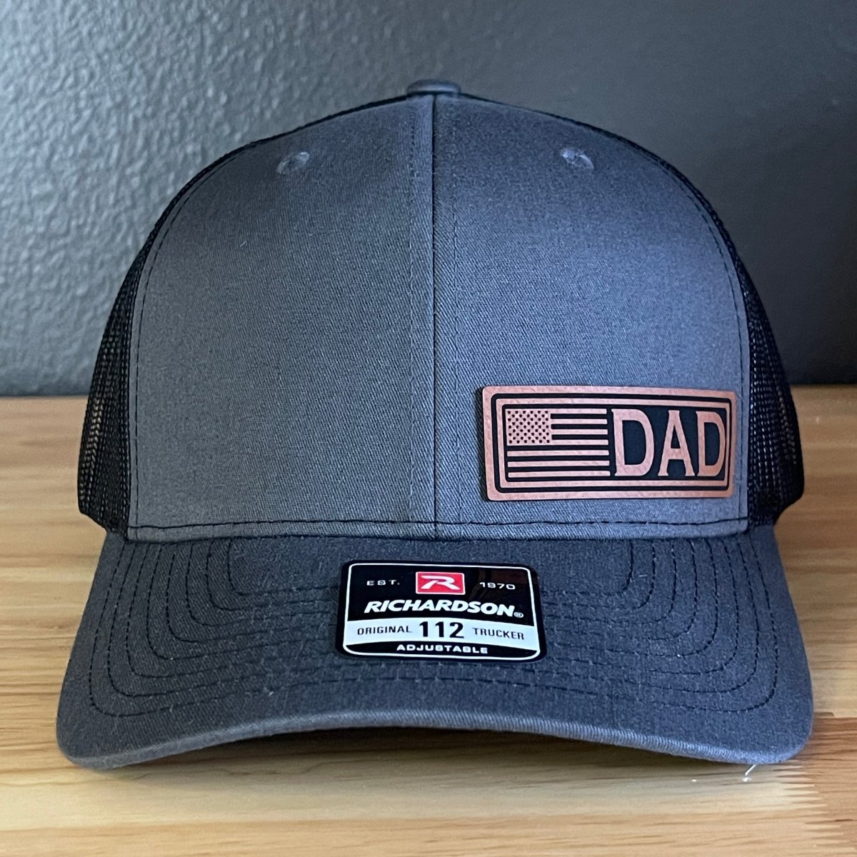 DAD American Flag Patriotic Side Leather Patch Hat Charcoal/Black Patch Hat