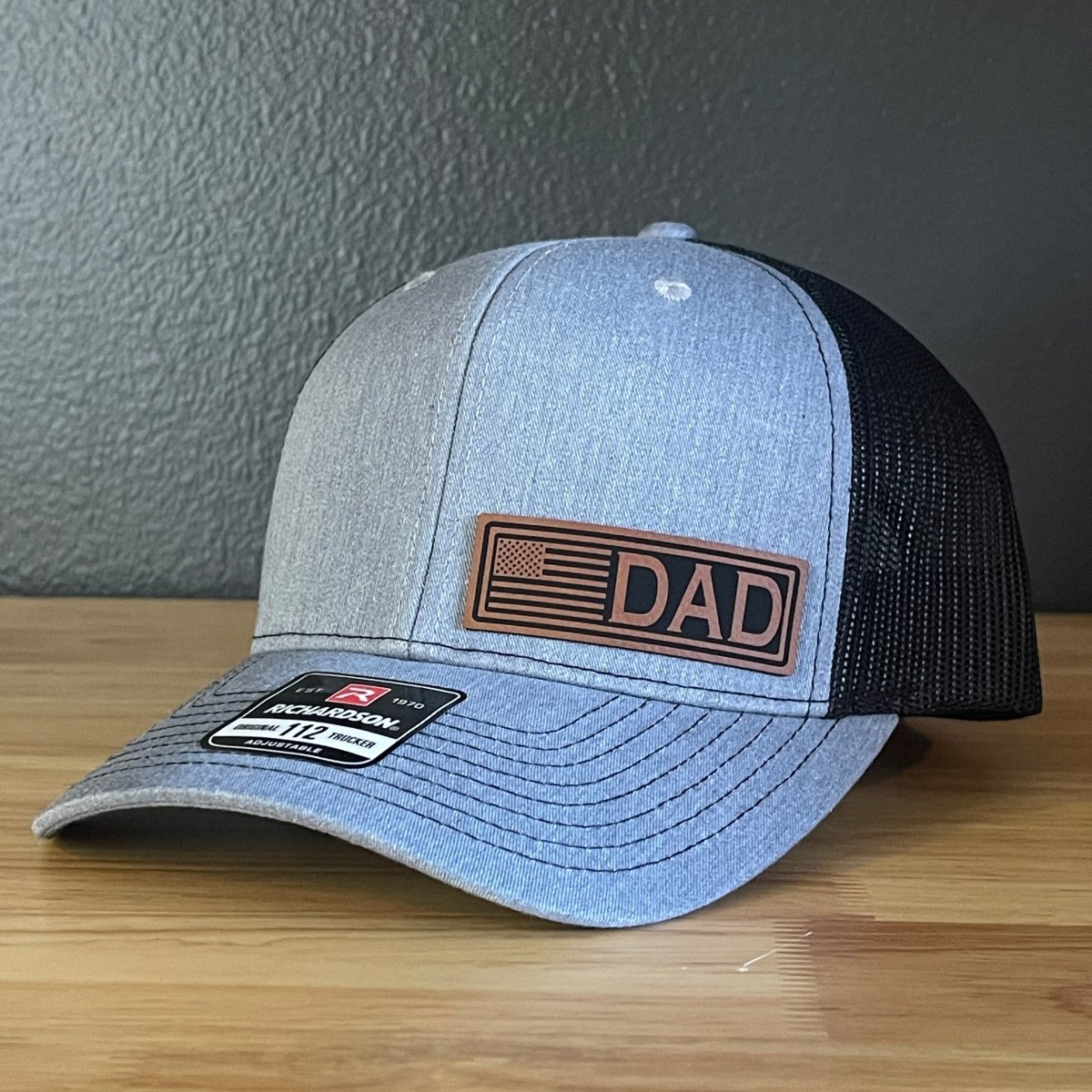 DAD American Flag Patriotic Side Leather Patch Hat Heather Grey/Black Patch Hat