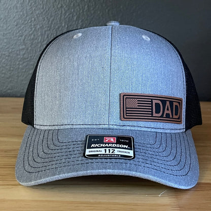 DAD American Flag Patriotic Side Leather Patch Hat Heather Grey/Black Patch Hat