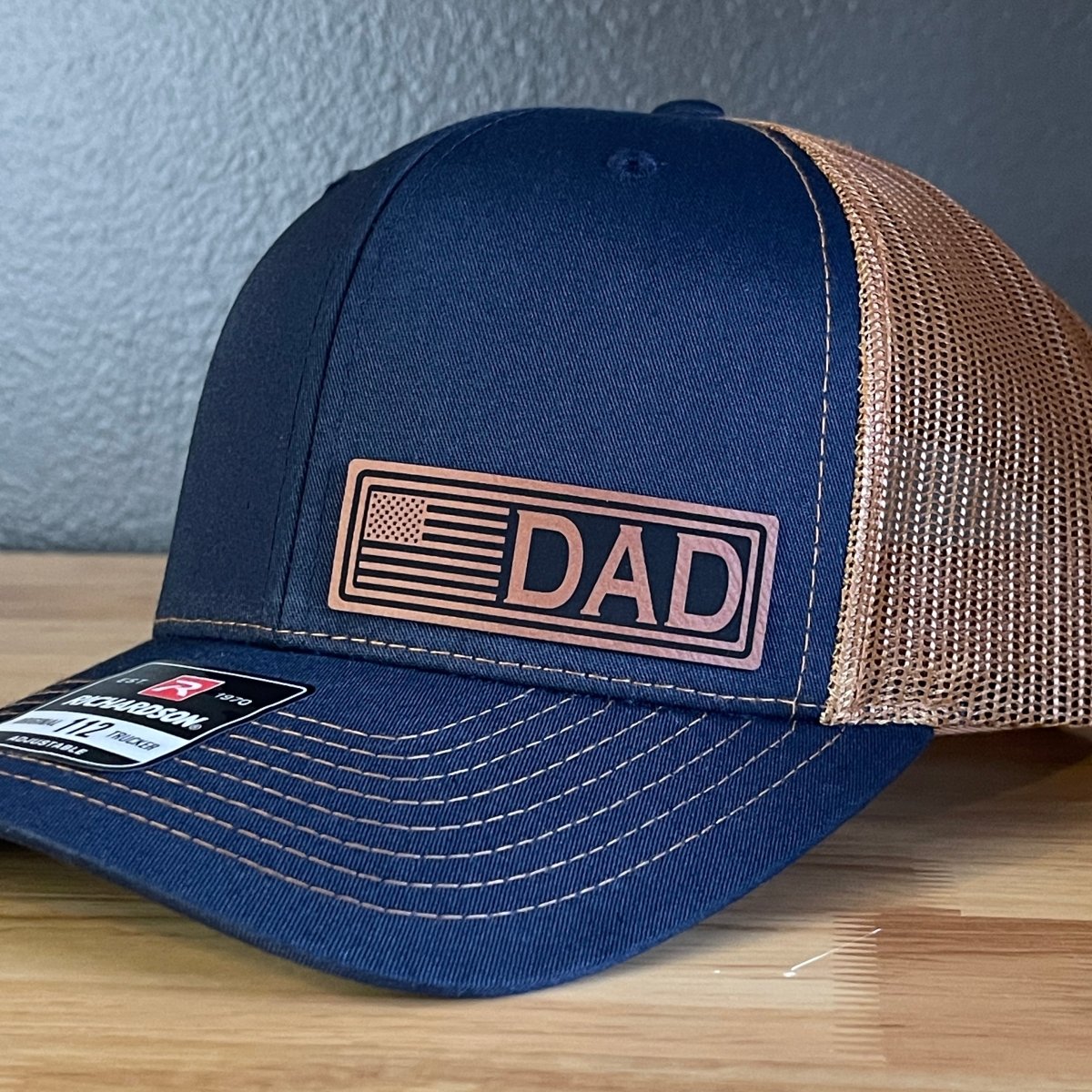 DAD American Flag Patriotic Side Leather Patch Hat Navy/Carmel Patch Hat