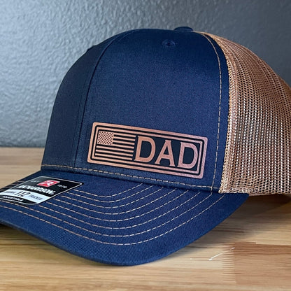 DAD American Flag Patriotic Side Leather Patch Hat Navy/Carmel Patch Hat