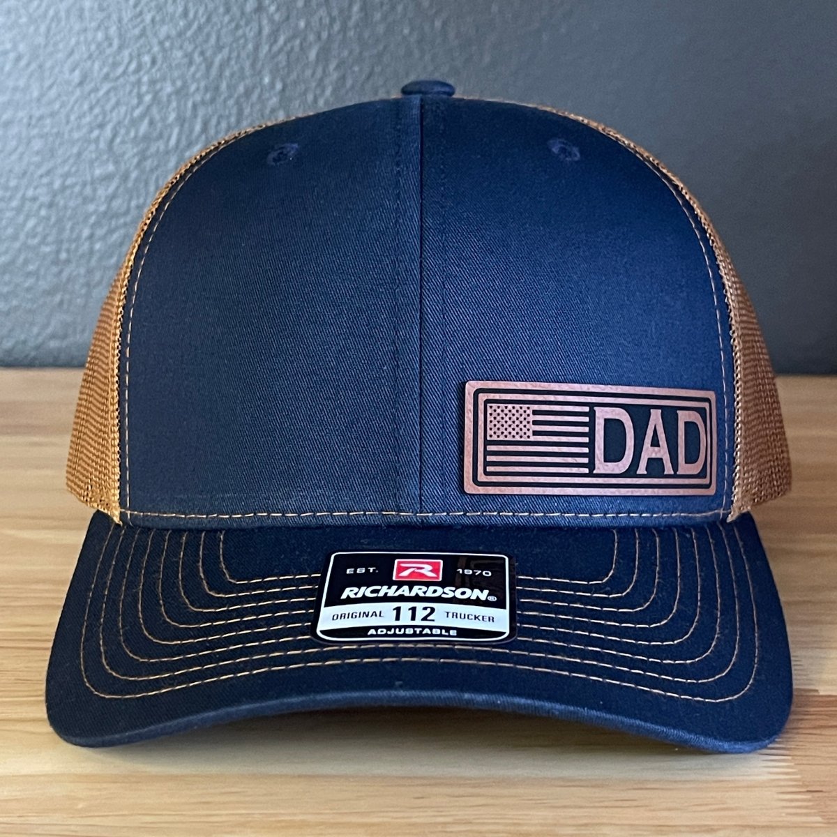 DAD American Flag Patriotic Side Leather Patch Hat Navy/Carmel Patch Hat