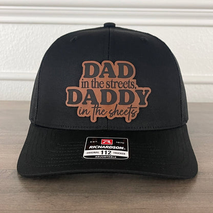 Dad In The Streets Daddy In The Sheets Front Leather Patch Hat Black Patch Hat - VividEditions