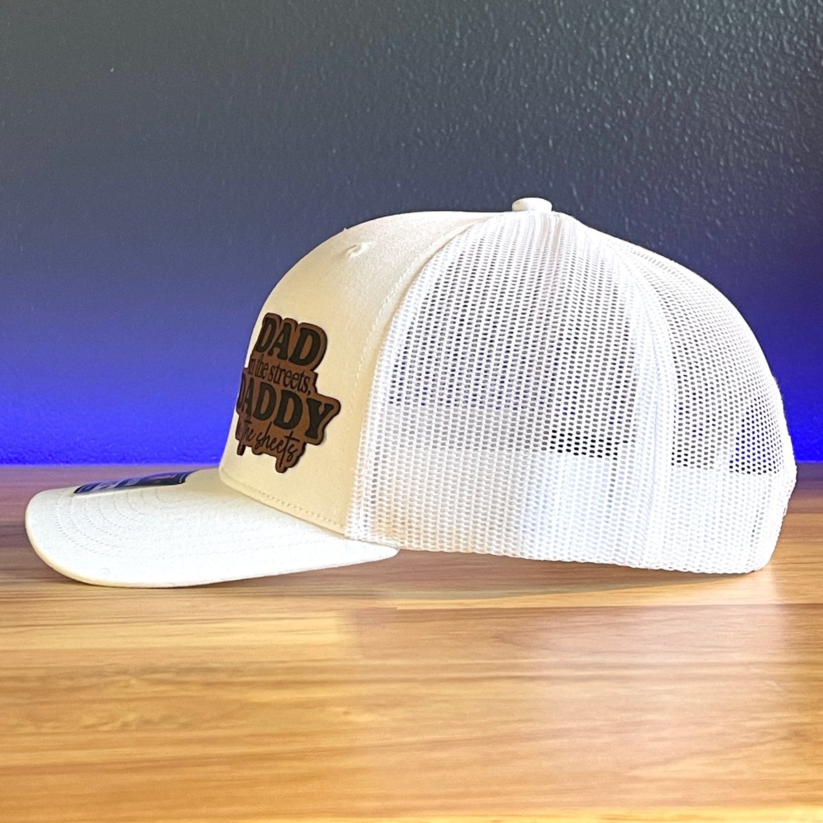 DAD IN THE STREETS DADDY IN THE SHEETS Side Leather Patch Trucker Hat White Patch Hat