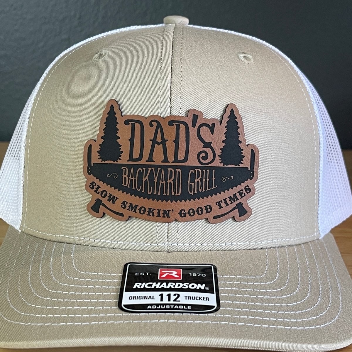 Dad's Backyard Grill BBQ Patch SnapBack Trucker Hat Khaki/White Patch Hat