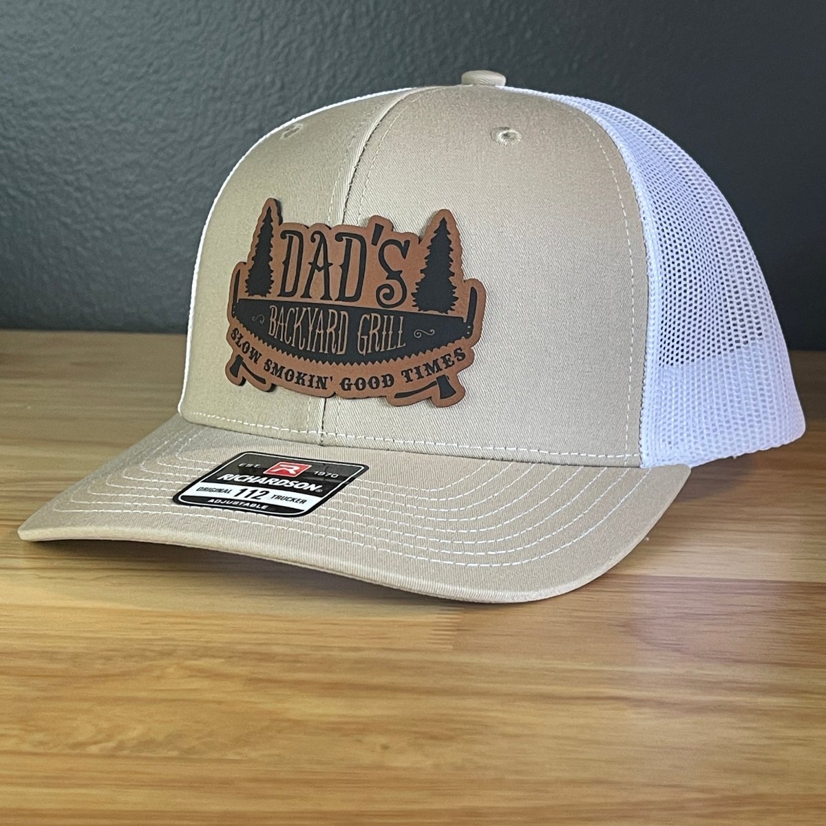 Dad's Backyard Grill BBQ Patch SnapBack Trucker Hat Khaki/White Patch Hat