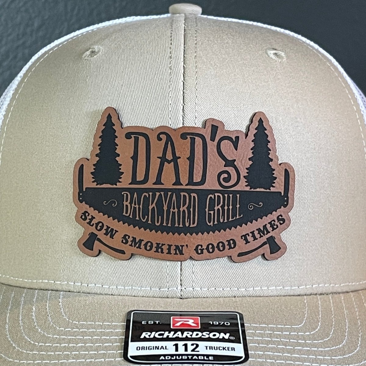 Dad's Backyard Grill BBQ Patch SnapBack Trucker Hat Khaki/White Patch Hat