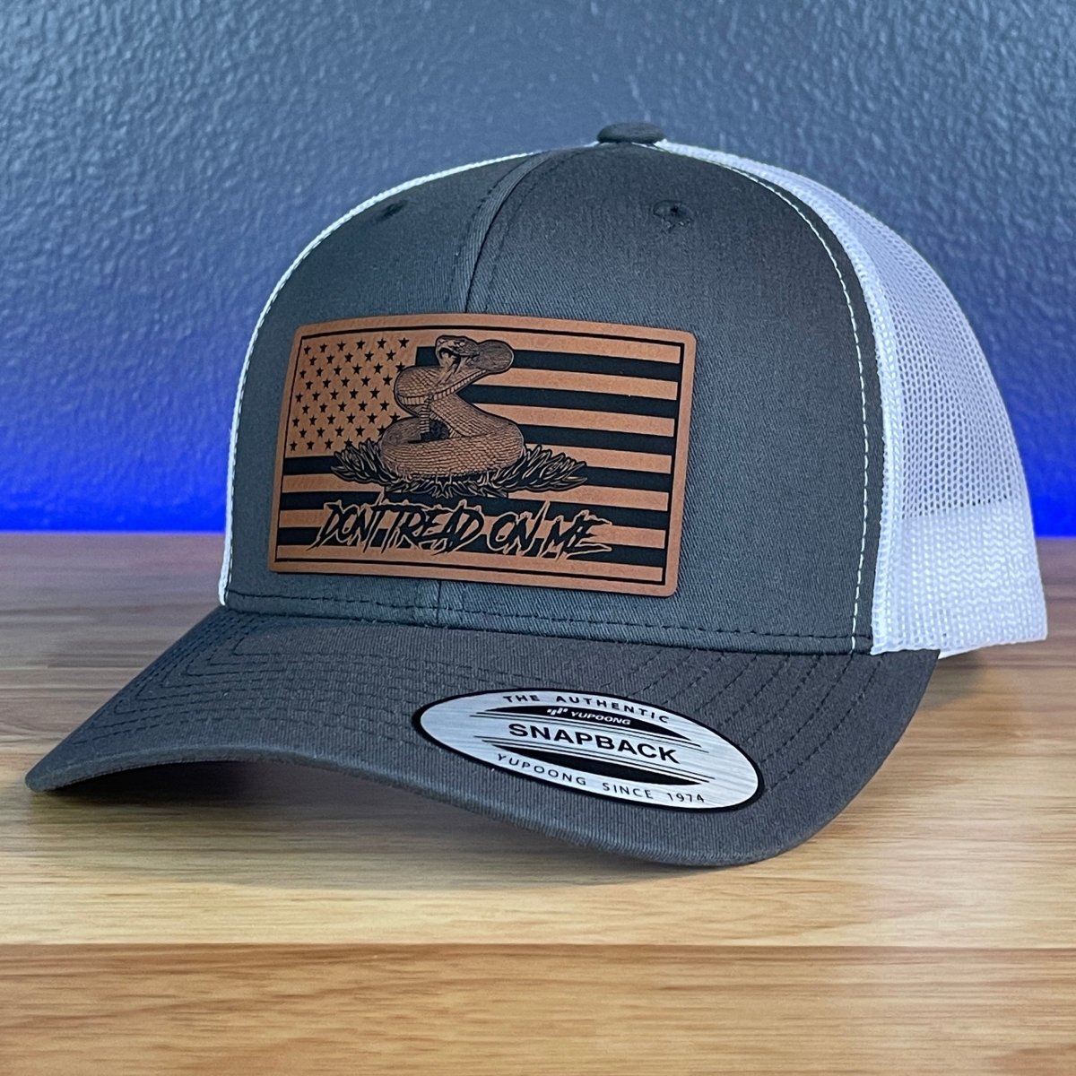 Don't Tread On Me Gadsden American Flag Patriotic SnapBack Trucker Rawhide Leather Patch Hat Charcoal/White Patch Hat