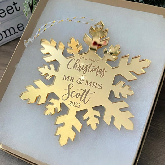 First Christmas as Mr & Mrs Personalized Snowflake Ornament Ornament - VividEditions