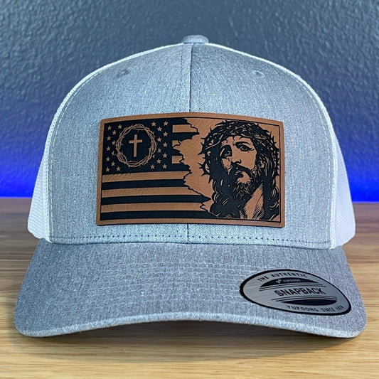 God And Country Christian American Flag Leather Patch SnapBack Trucker Hat Heather Grey/White Patch Hat