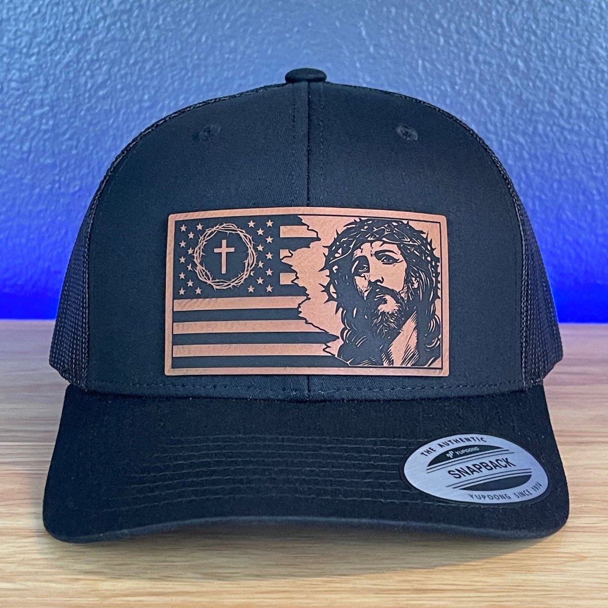God And Country Jesus American Flag Christian SnapBack Trucker Rawhide Leather Patch Black Hat Patch Hat