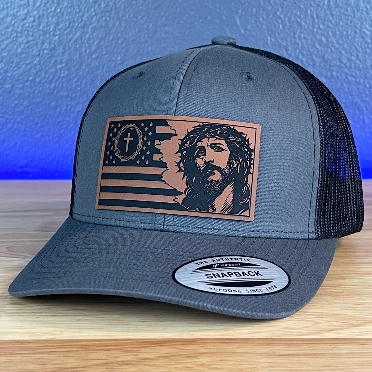 God And Country Jesus American Flag Christian SnapBack Trucker Rawhide Leather Patch Hat Charcoal Patch Hat