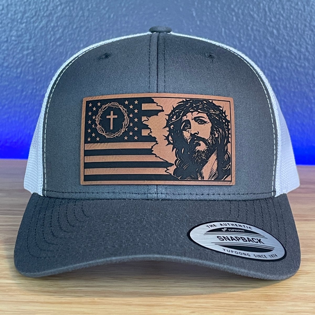 God And Country Jesus American Flag Christian SnapBack Trucker Rawhide Leather Patch Hat Charcoal/White Patch Hat